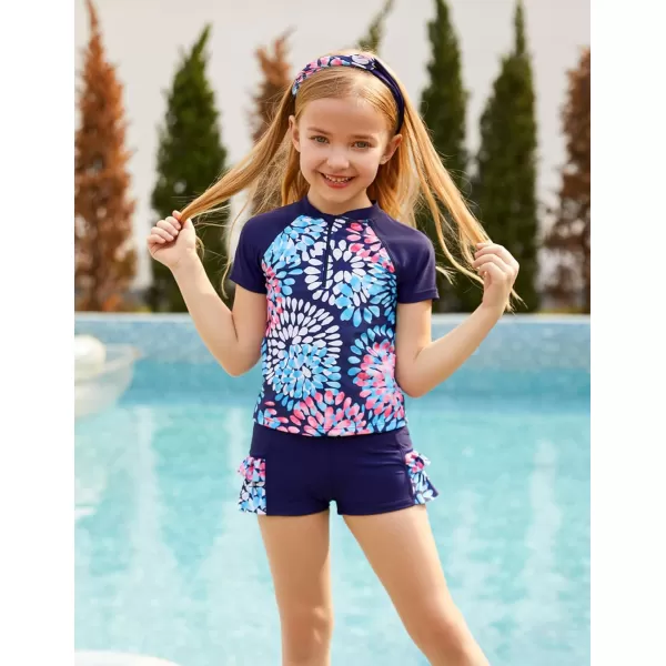 GRACE KARIN Girls Swimsuit 3Piece Rashguard Sets Short Sleeve Swimwear with HairbandNavy