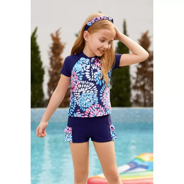 GRACE KARIN Girls Swimsuit 3Piece Rashguard Sets Short Sleeve Swimwear with HairbandNavy