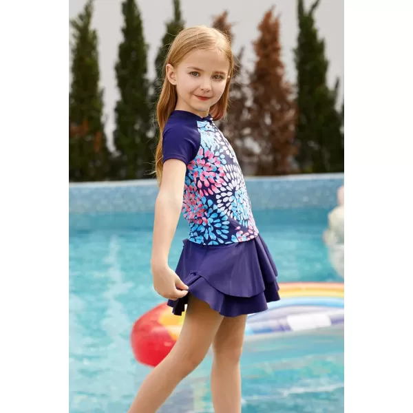 GRACE KARIN Girls Swimsuit 3Piece Rashguard Sets Short Sleeve Swimwear with HairbandNavy