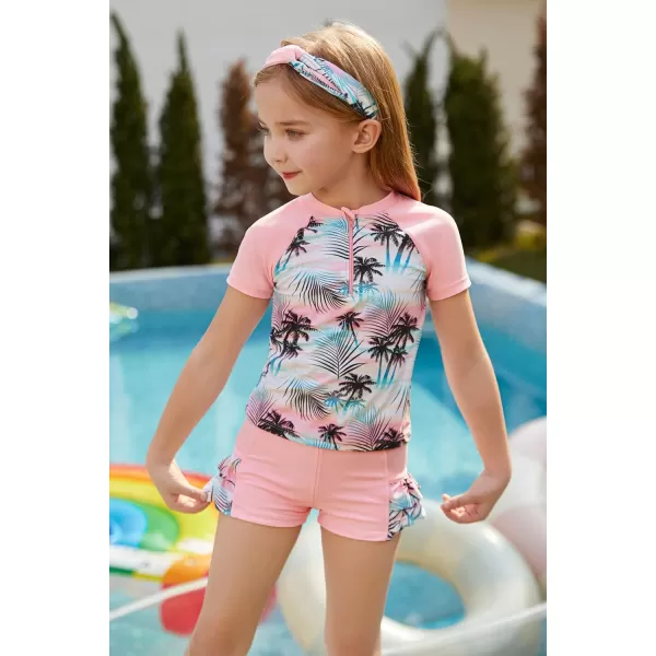 GRACE KARIN Girls Swimsuit 3Piece Rashguard Sets Short Sleeve Swimwear with HairbandTree