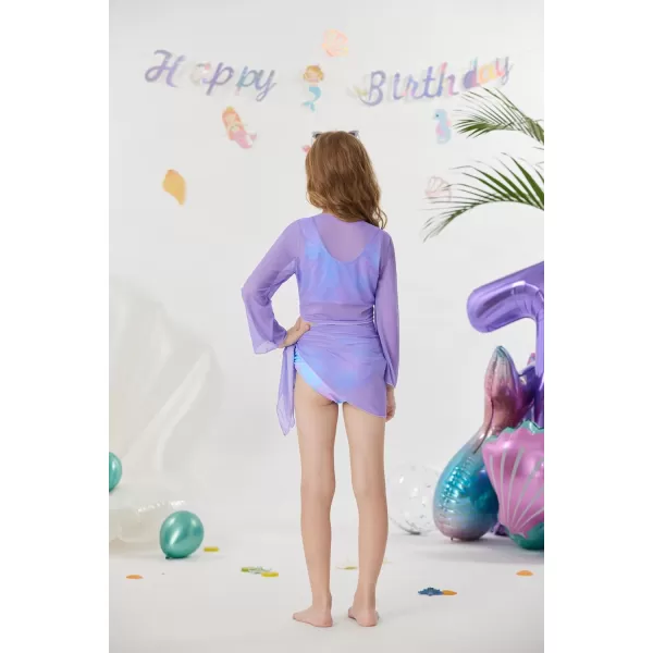 GRACE KARIN Girls Swimsuit 4 Piece Bikini Set Bathing Suit with Kimono Cover Up 614Purplemermaid