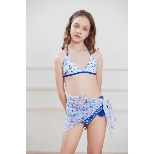 GRACE KARIN Girls Swimsuit Bikini 3 Piece Beach Swimwear with Cover Up Size 512Blue Floral