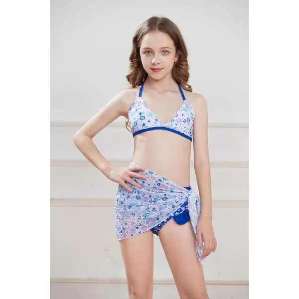 GRACE KARIN Girls Swimsuit Bikini 3 Piece Beach Swimwear with Cover Up Size 512Blue Floral