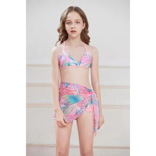 GRACE KARIN Girls Swimsuit Bikini 3 Piece Beach Swimwear with Cover Up Size 512Pink Leaves