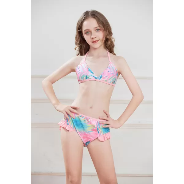 GRACE KARIN Girls Swimsuit Bikini 3 Piece Beach Swimwear with Cover Up Size 512Pink Leaves