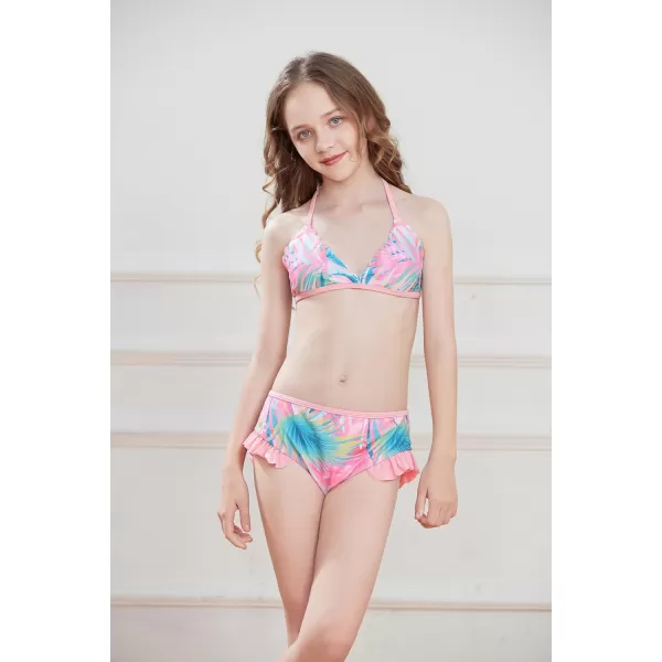 GRACE KARIN Girls Swimsuit Bikini 3 Piece Beach Swimwear with Cover Up Size 512Pink Leaves