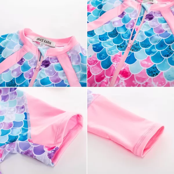 GRACE KARIN Girls Swimsuit Girls One Piece Long Sleeve Rash Guard 512 Years with ZipColorful Mermaid