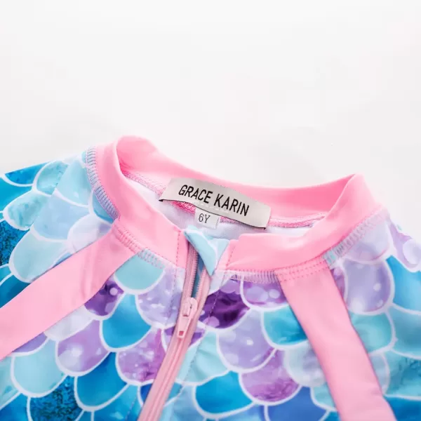 GRACE KARIN Girls Swimsuit Girls One Piece Long Sleeve Rash Guard 512 Years with ZipColorful Mermaid