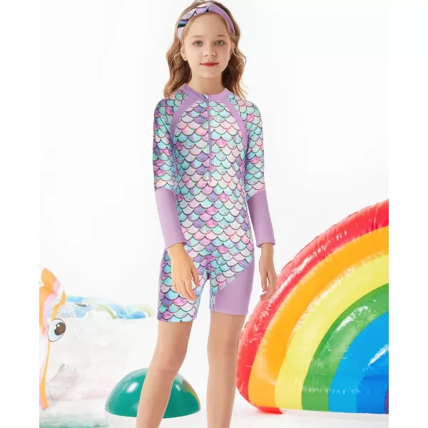 GRACE KARIN Girls Swimsuit Girls One Piece Long Sleeve Rash Guard 512 Years with ZipPurple Mermaid