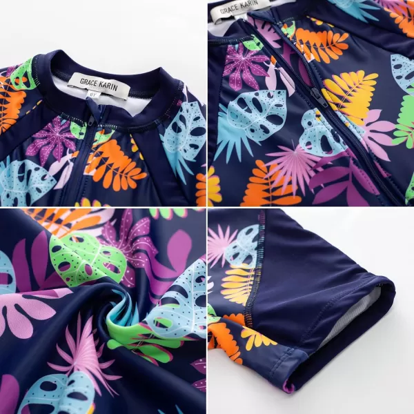 GRACE KARIN Girls Swimsuit Girls One Piece Long Sleeve Rash Guard 512 Years with ZipTropical Print 1