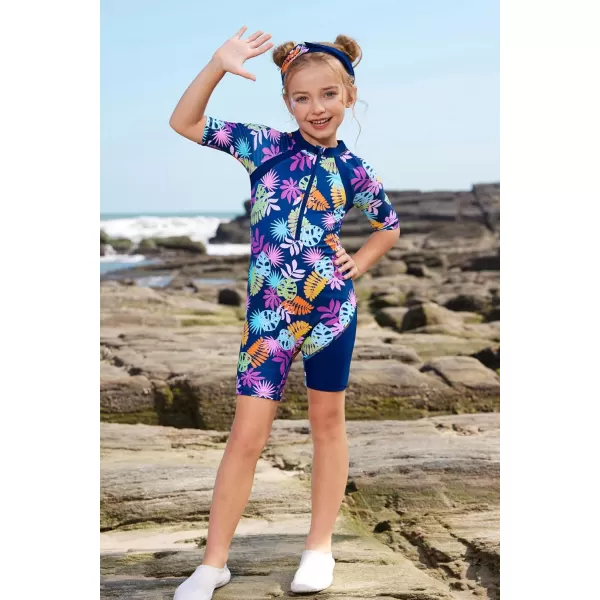GRACE KARIN Girls Swimsuit Girls One Piece Long Sleeve Rash Guard 512 Years with ZipTropical Print 1