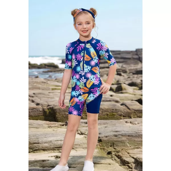 GRACE KARIN Girls Swimsuit Girls One Piece Long Sleeve Rash Guard 512 Years with ZipTropical Print 1