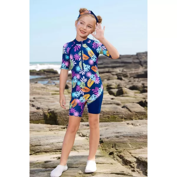 GRACE KARIN Girls Swimsuit Girls One Piece Long Sleeve Rash Guard 512 Years with ZipTropical Print 1