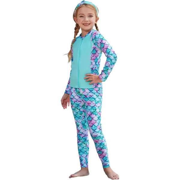 GRACE KARIN Girls Swimsuit Long Sleeve Two Piece Rash Guard Swimwear Set 612YBlue Mermaid