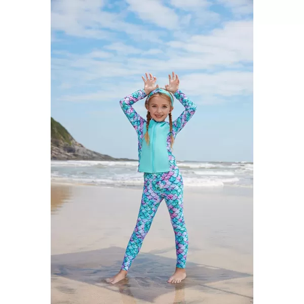 GRACE KARIN Girls Swimsuit Long Sleeve Two Piece Rash Guard Swimwear Set 612YBlue Mermaid