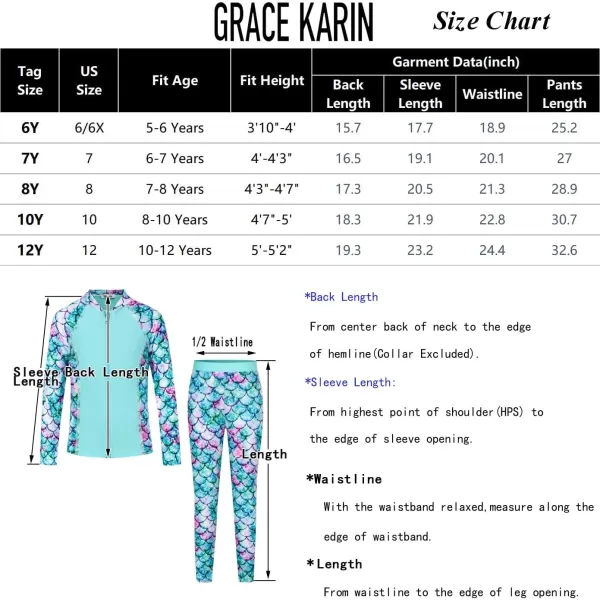 GRACE KARIN Girls Swimsuit Long Sleeve Two Piece Rash Guard Swimwear Set 612YBlue Mermaid