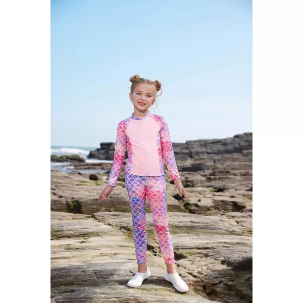 GRACE KARIN Girls Swimsuit Long Sleeve Two Piece Rash Guard Swimwear Set 612YPink Mermaid