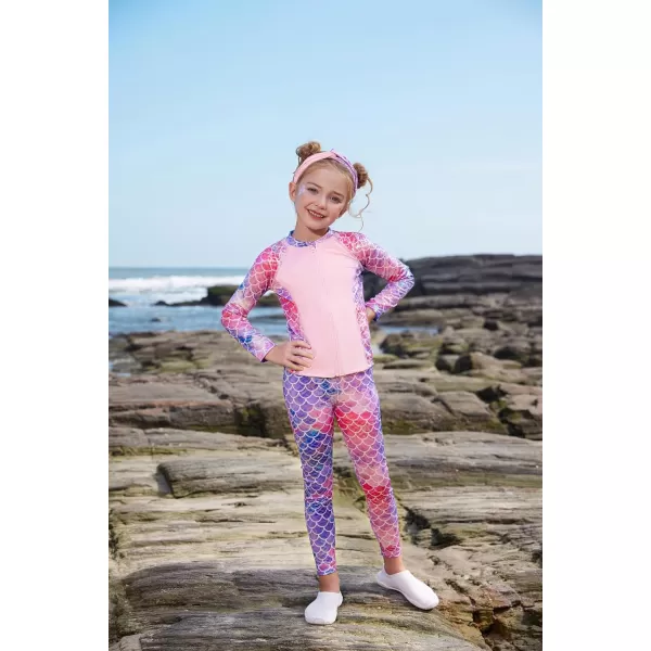 GRACE KARIN Girls Swimsuit Long Sleeve Two Piece Rash Guard Swimwear Set 612YPink Mermaid