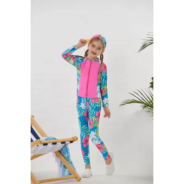 GRACE KARIN Girls Swimsuit Long Sleeve Two Piece Rash Guard Swimwear Set 612YRose Red Floral