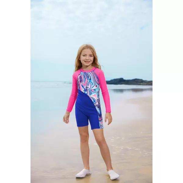 GRACE KARIN Girls Swimsuit Long Sleeve UV Protective Bathing Suit One Piece Swimwear for Kids 512 YearsBlue and Pink Marble Pattern