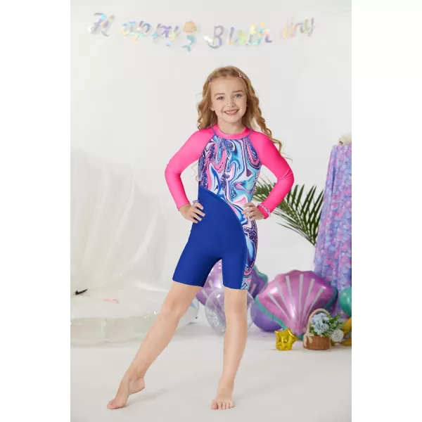 GRACE KARIN Girls Swimsuit Long Sleeve UV Protective Bathing Suit One Piece Swimwear for Kids 512 YearsBlue and Pink Marble Pattern