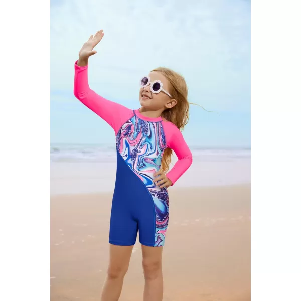 GRACE KARIN Girls Swimsuit Long Sleeve UV Protective Bathing Suit One Piece Swimwear for Kids 512 YearsBlue and Pink Marble Pattern