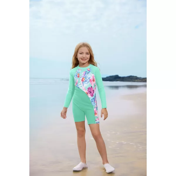 GRACE KARIN Girls Swimsuit Long Sleeve UV Protective Bathing Suit One Piece Swimwear for Kids 512 YearsCyan Flower