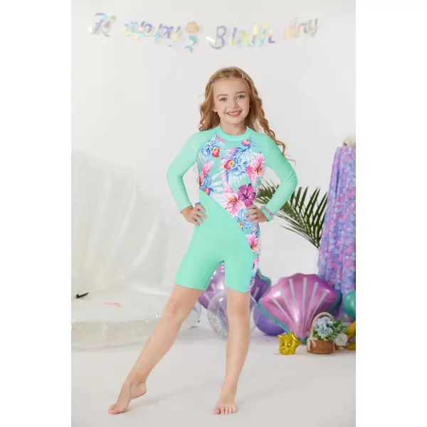 GRACE KARIN Girls Swimsuit Long Sleeve UV Protective Bathing Suit One Piece Swimwear for Kids 512 YearsCyan Flower