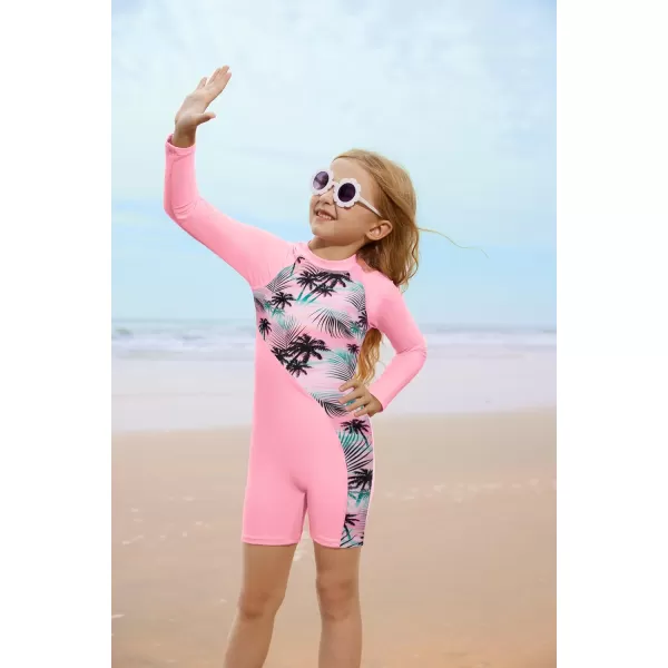 GRACE KARIN Girls Swimsuit Long Sleeve UV Protective Bathing Suit One Piece Swimwear for Kids 512 YearsPink Coconut Tree