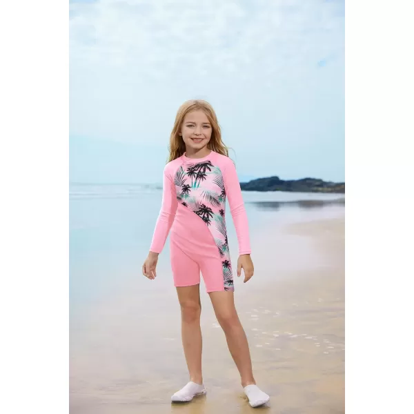 GRACE KARIN Girls Swimsuit Long Sleeve UV Protective Bathing Suit One Piece Swimwear for Kids 512 YearsPink Coconut Tree