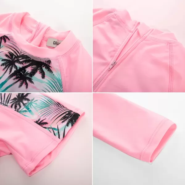 GRACE KARIN Girls Swimsuit Long Sleeve UV Protective Bathing Suit One Piece Swimwear for Kids 512 YearsPink Coconut Tree