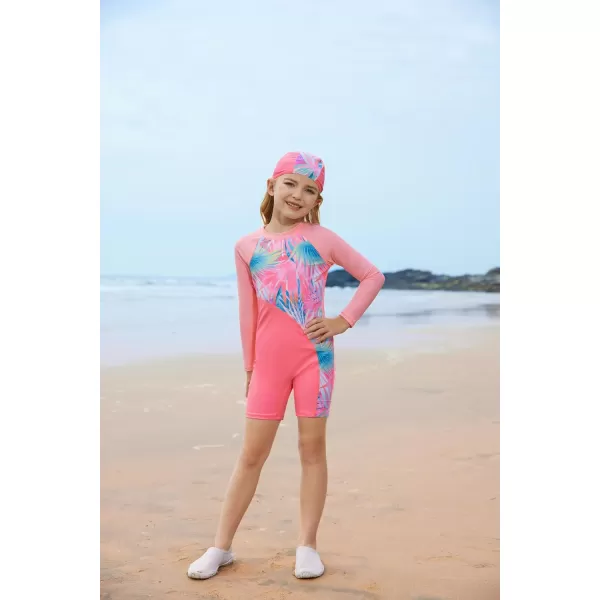 GRACE KARIN Girls Swimsuit Long Sleeve UV Protective Bathing Suit One Piece Swimwear for Kids 512 YearsPink Leaf