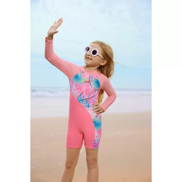 GRACE KARIN Girls Swimsuit Long Sleeve UV Protective Bathing Suit One Piece Swimwear for Kids 512 YearsPink Leaf