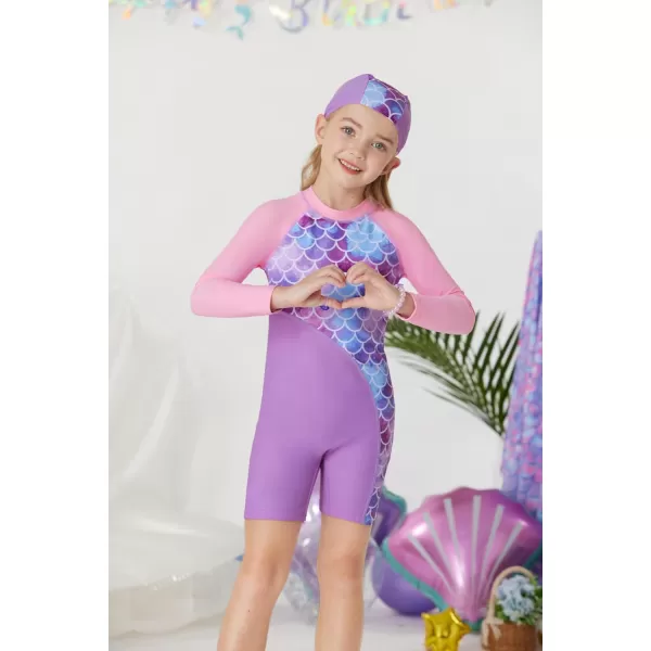 GRACE KARIN Girls Swimsuit Long Sleeve UV Protective Bathing Suit One Piece Swimwear for Kids 512 YearsPurple Scale