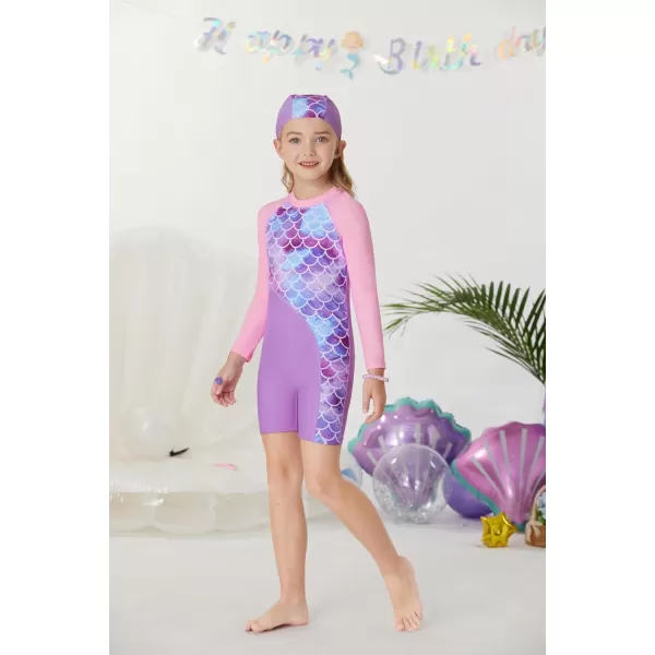 GRACE KARIN Girls Swimsuit Long Sleeve UV Protective Bathing Suit One Piece Swimwear for Kids 512 YearsPurple Scale