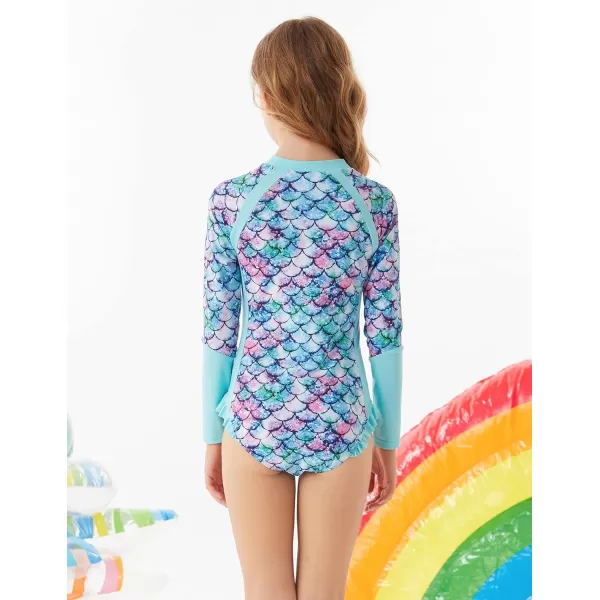 GRACE KARIN Girls Swimsuit One Piece Rashguard Swimwear Long Sleeve Bathing SuitBluemermaid