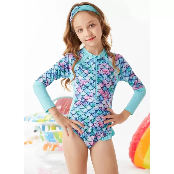 GRACE KARIN Girls Swimsuit One Piece Rashguard Swimwear Long Sleeve Bathing SuitBluemermaid