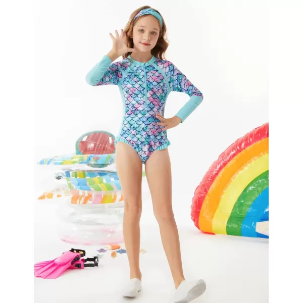 GRACE KARIN Girls Swimsuit One Piece Rashguard Swimwear Long Sleeve Bathing SuitBluemermaid