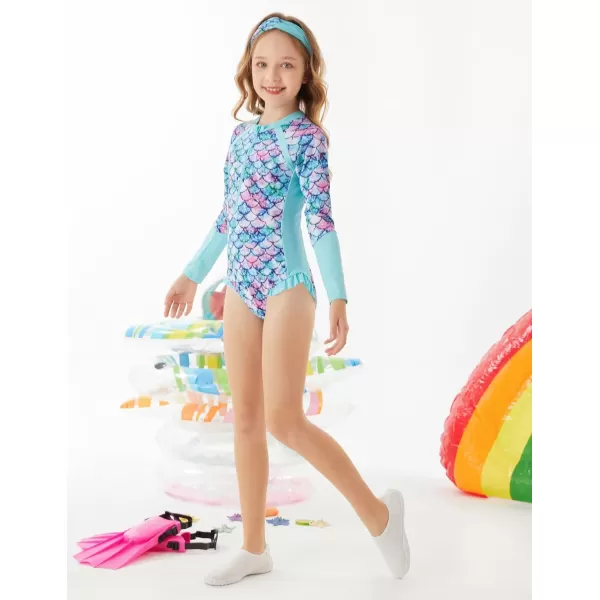 GRACE KARIN Girls Swimsuit One Piece Rashguard Swimwear Long Sleeve Bathing SuitBluemermaid