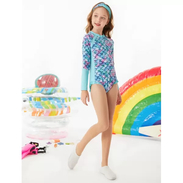 GRACE KARIN Girls Swimsuit One Piece Rashguard Swimwear Long Sleeve Bathing SuitBluemermaid