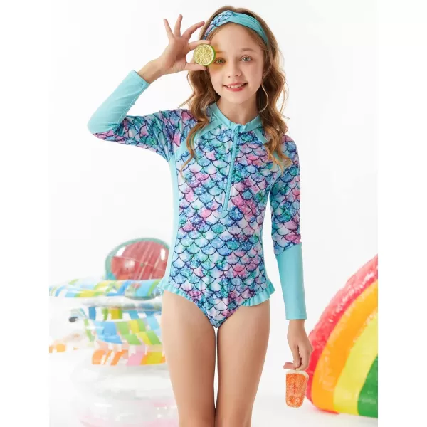 GRACE KARIN Girls Swimsuit One Piece Rashguard Swimwear Long Sleeve Bathing SuitBluemermaid