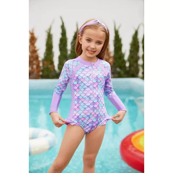 GRACE KARIN Girls Swimsuit One Piece Rashguard Swimwear Long Sleeve Bathing SuitLight Purplemermaid