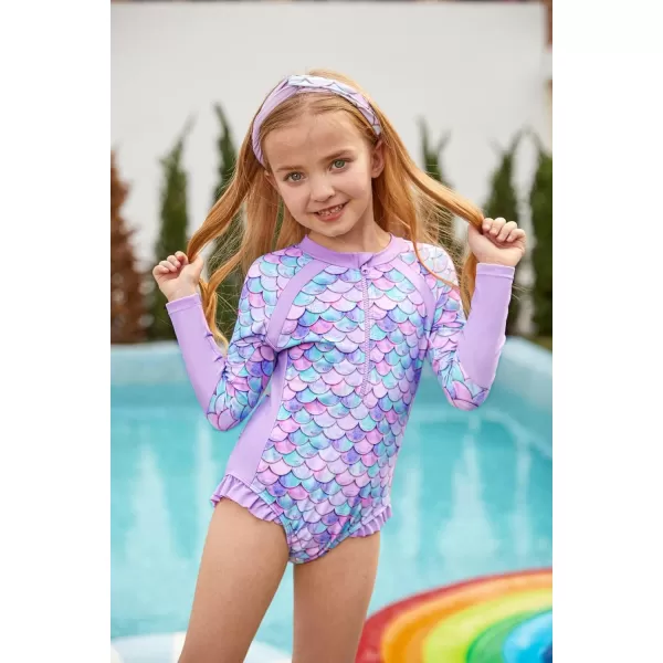 GRACE KARIN Girls Swimsuit One Piece Rashguard Swimwear Long Sleeve Bathing SuitLight Purplemermaid