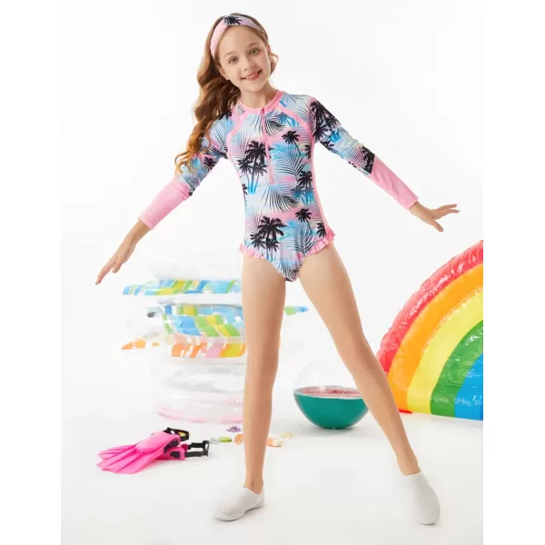 GRACE KARIN Girls Swimsuit One Piece Rashguard Swimwear Long Sleeve Bathing SuitPinkcoconut Tree