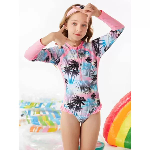 GRACE KARIN Girls Swimsuit One Piece Rashguard Swimwear Long Sleeve Bathing SuitPinkcoconut Tree