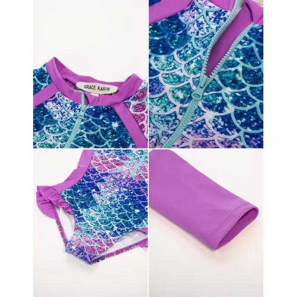 GRACE KARIN Girls Swimsuit One Piece Rashguard Swimwear Long Sleeve Bathing SuitPurple Mermaid