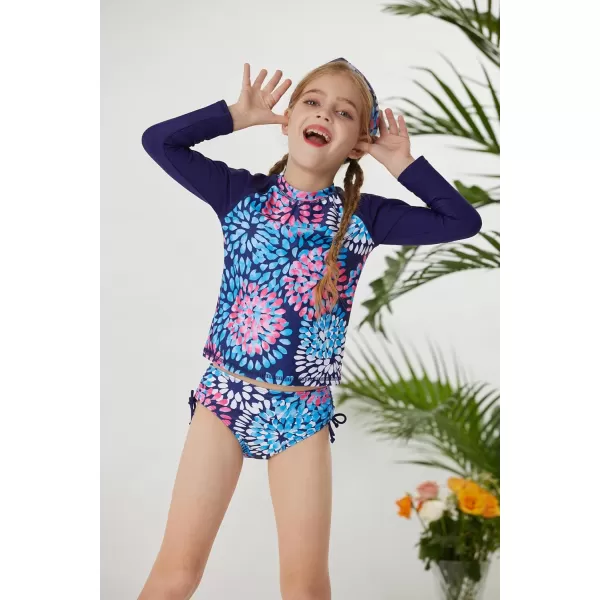 GRACE KARIN Girls Swimsuit Tankini Rash Guard Long Sleeve 4 Piece Bathing Suit 512YDark Blue Print