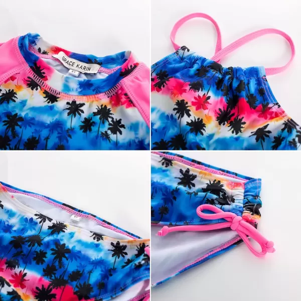 GRACE KARIN Girls Swimsuit Tankini Rash Guard Long Sleeve 4 Piece Bathing Suit 512YPink Leaves
