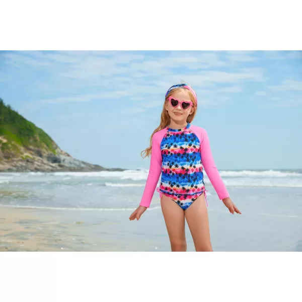 GRACE KARIN Girls Swimsuit Tankini Rash Guard Long Sleeve 4 Piece Bathing Suit 512YPink Leaves