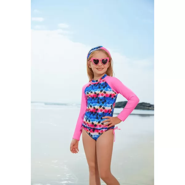 GRACE KARIN Girls Swimsuit Tankini Rash Guard Long Sleeve 4 Piece Bathing Suit 512YPink Leaves